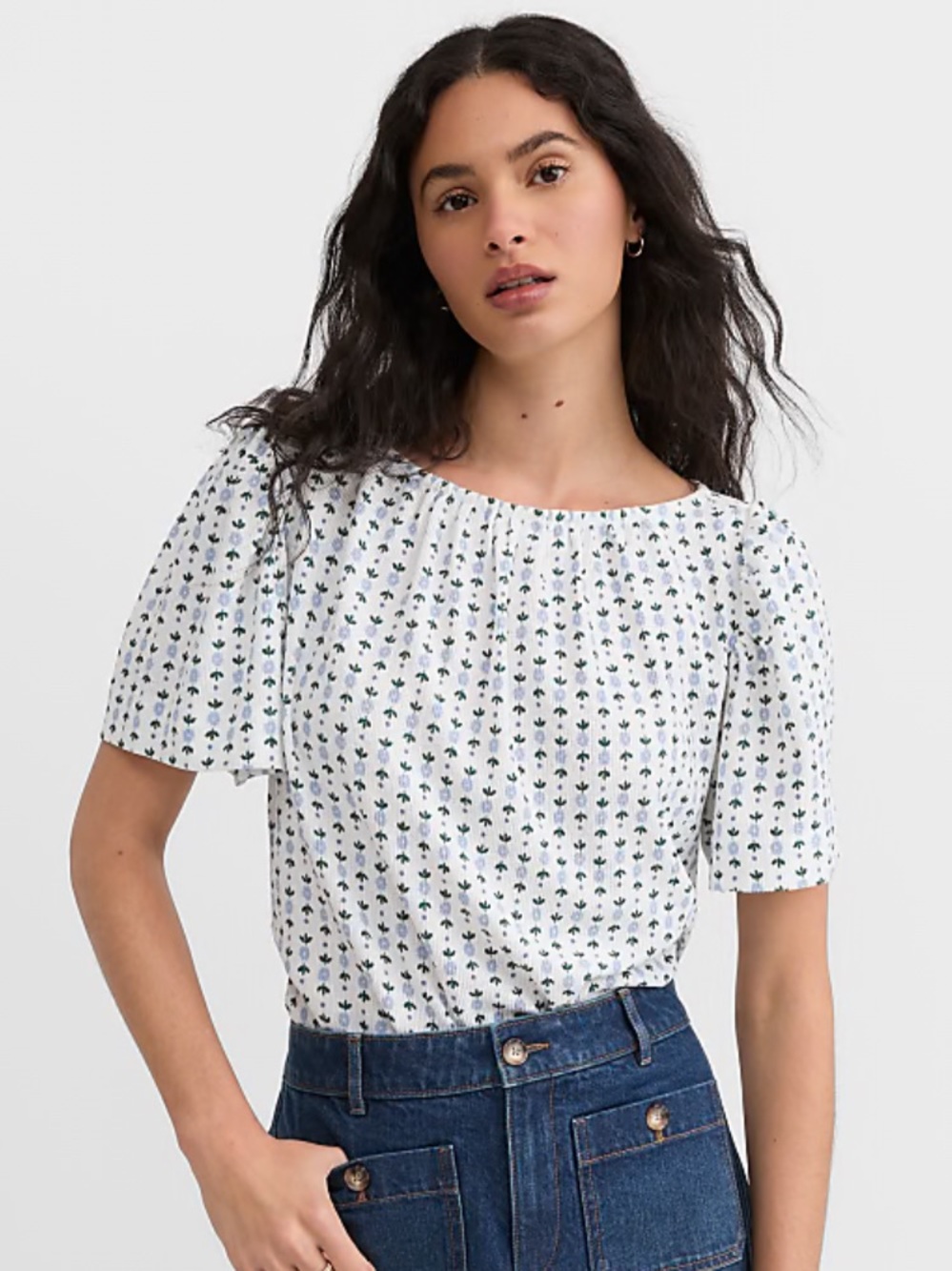 LOFT White Puff-Sleeve Floral Top - Women's